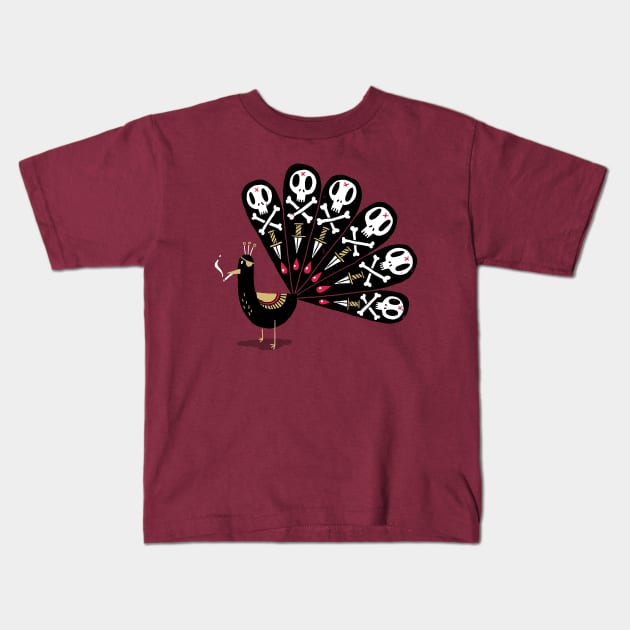 Smoking Peacock with Skulls Kids T-Shirt by DinoMike